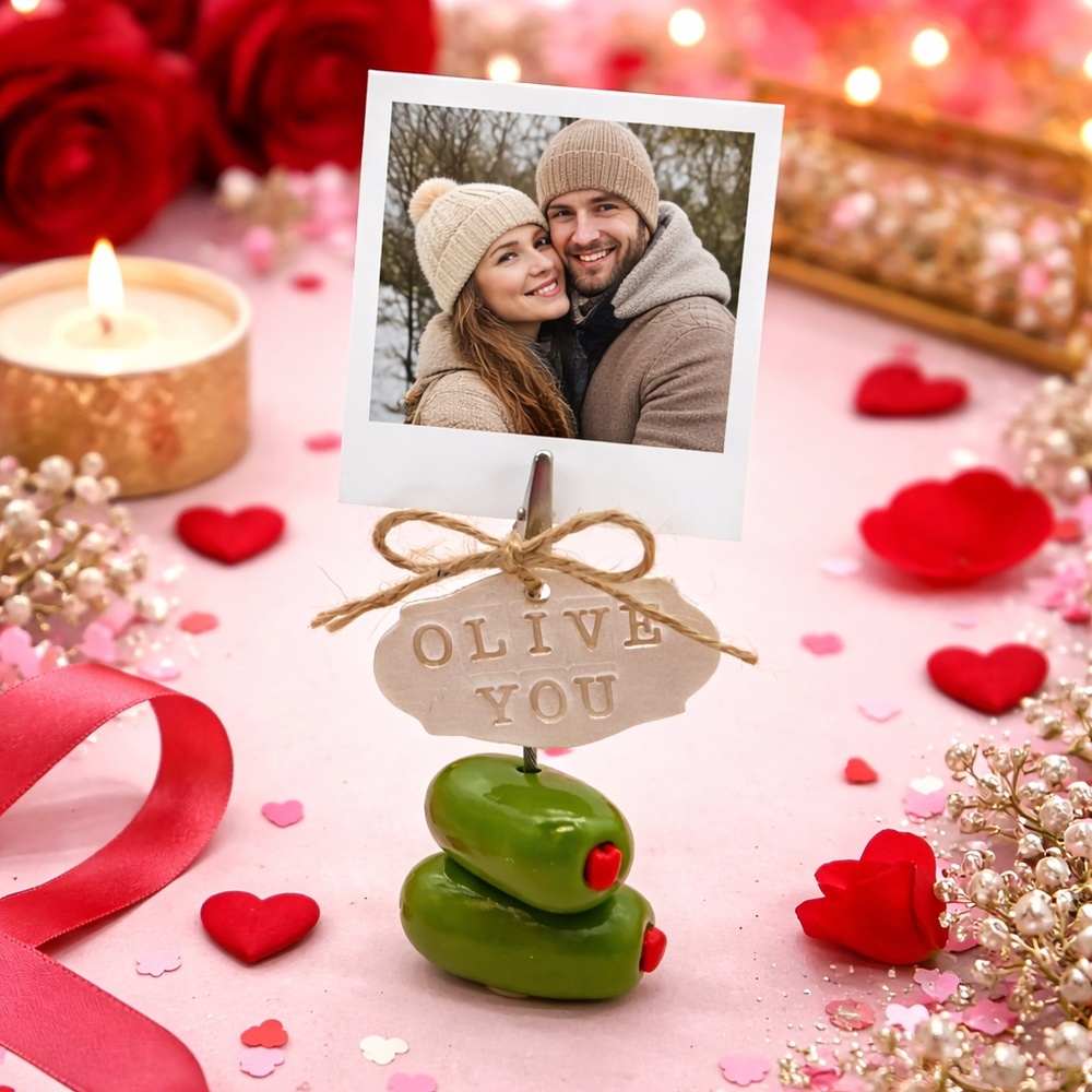 Olive You Photo Holder | Handmade Clay Valentine’s Day Gift | Green Olive Decor